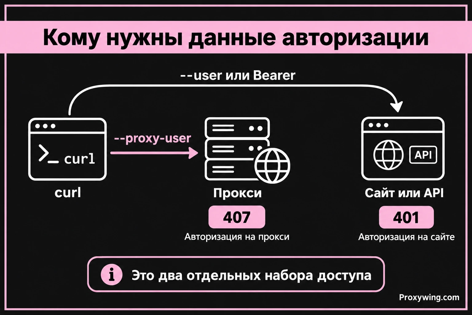 Схема авторизации curl на прокси и сайте с параметрами --proxy-user и --user и ответами 407 и 401