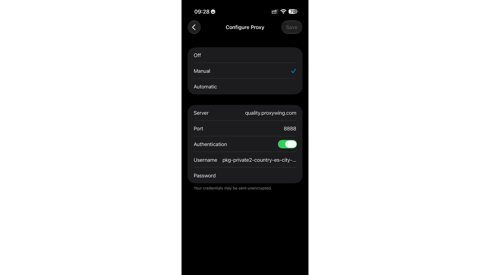 iPhone manual proxy configuration screen
