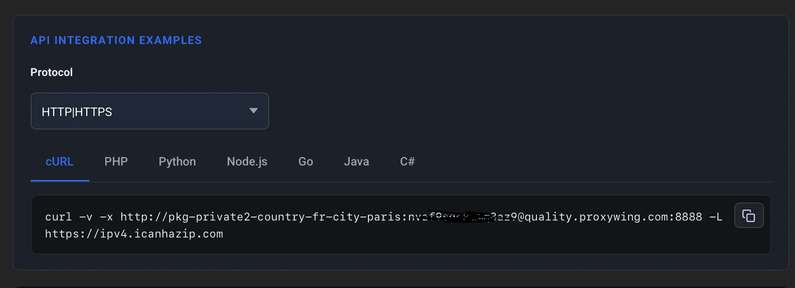 ProxyWing dashboard proxy connection details