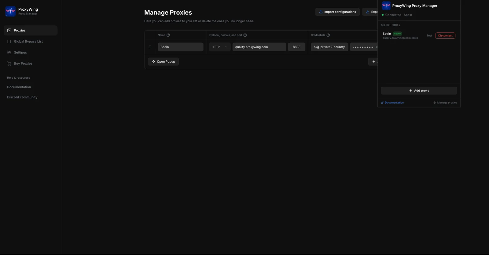 ProxyWing extension connected to proxy