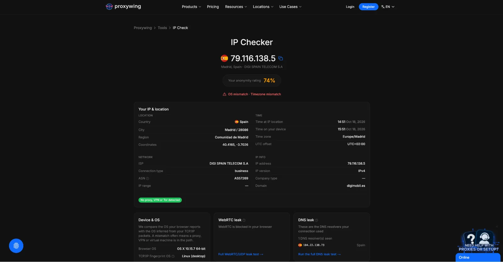 ProxyWing IP Checker results
