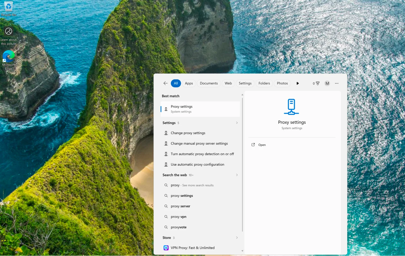 Windows Start menu proxy search